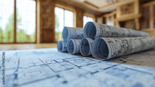 Rolled Architectural Blueprints on Construction Site