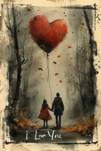 an illustration of a couple holding a heart balloon. AI generative