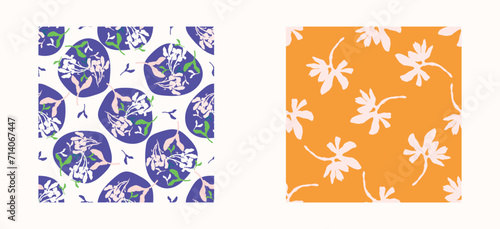Trendy vector floral pattern set with organic botanical shapes. Modern bold summer flower print, design collection in scandi style.
