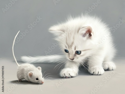 White kitten plays with a mouse