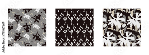 Masculine vector floral pattern with organic botanical shapes. Modern bold black white flower print, design in neutral scandi style.