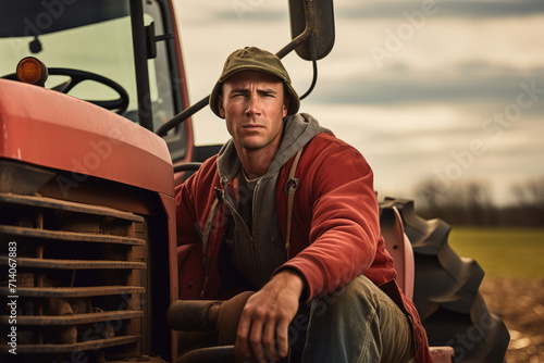Portrait of a male farmer, worker sitting on tractor