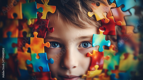 portrait of a child  face and color puzzle. world autism awareness day or month concept. photo
