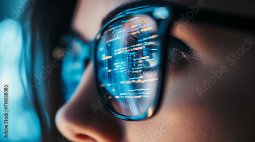 close up eye with glasses, coding reflective glasses, programmer use AI to help with work in office photo