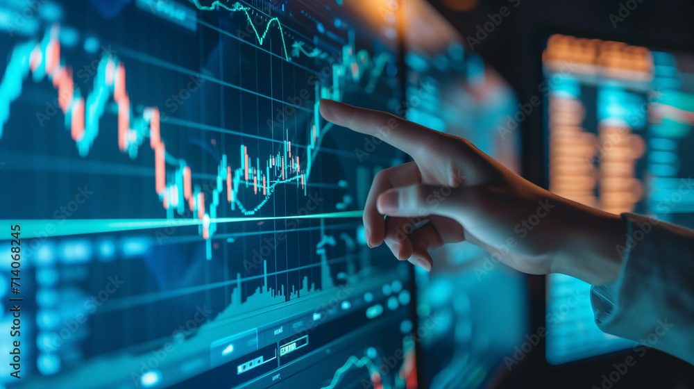 The hand of a businessman or investor pointing at a computer screen, screen with stock market chart analysis or research information for trading and investing - obrazy, fototapety, plakaty 
