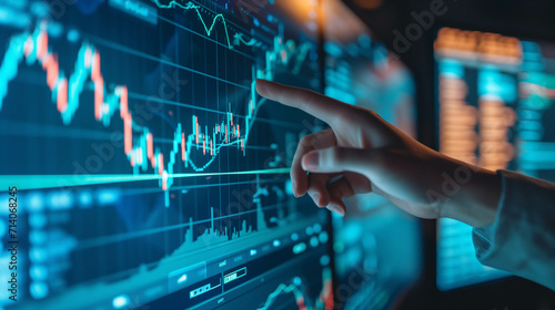 The hand of a businessman or investor pointing at a computer screen, screen with stock market chart analysis or research information for trading and investing photo