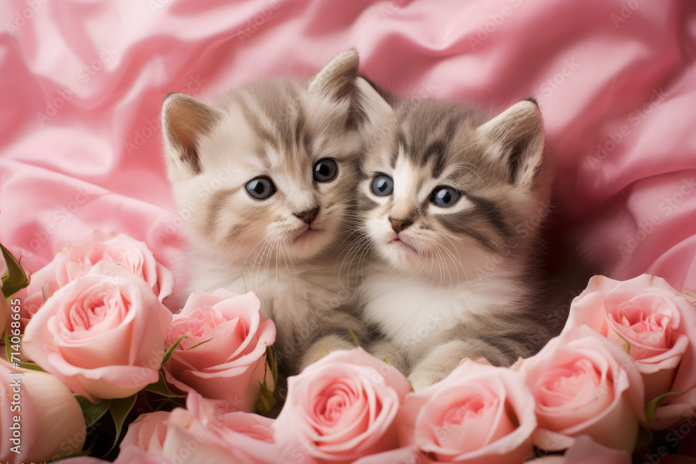 Two Fluffy Grey Cute Kittens Surrounded by Roses, Generative AI