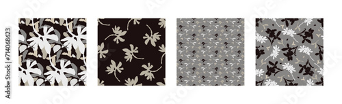 Masculine vector floral pattern with organic botanical shapes. Modern bold black white flower print, design in neutral scandi style.