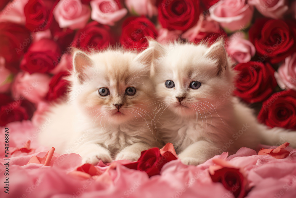 Two Fluffy Orange Tan Kittens Surrounded by Roses, Generative AI