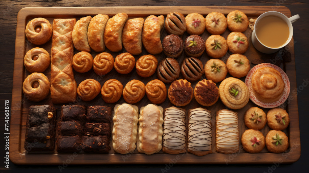 A tray of sweet and savory pastries, like sambousek or fatayer, perfect for iftar gatherings A tray of sweet and savory pastries, like sambousek or fatayer, perfect for iftar gatherings