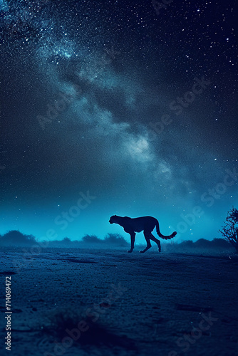 night on the African savanna a solitary animal strolls under a vast starry sky. AI generative