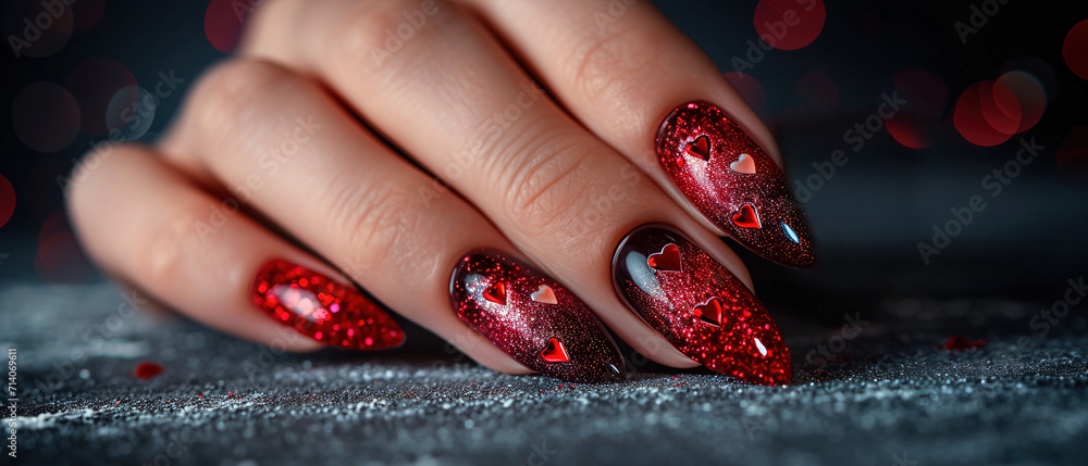 Woman's nails with beautiful red manicure with Valentine's Day design. AI generated Woman's nails with beautiful red manicure with Valentine's Day design. AI generated