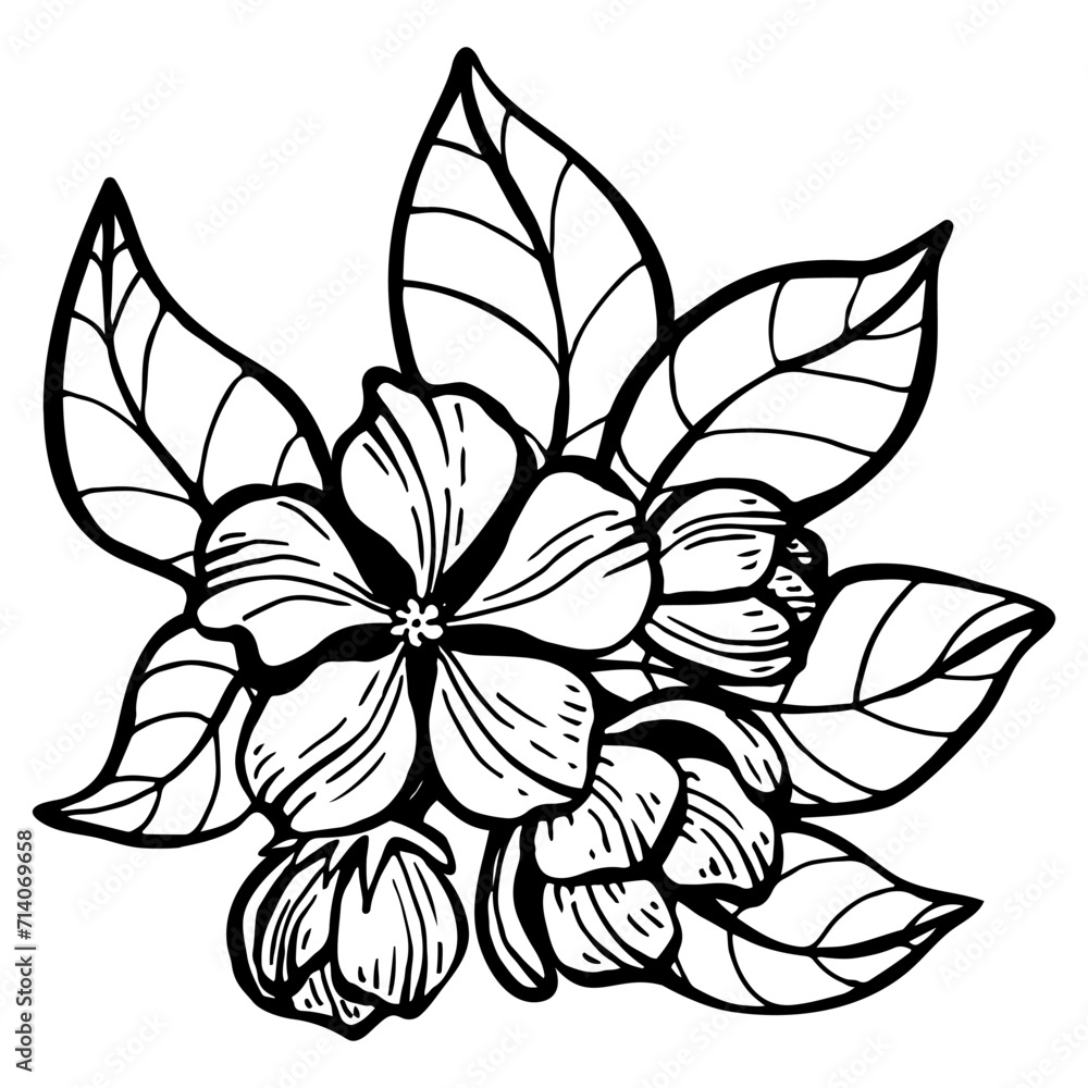 Obraz premium Buds blooming apple tree with leaves sketch. Hand drawn graphics illustration.
