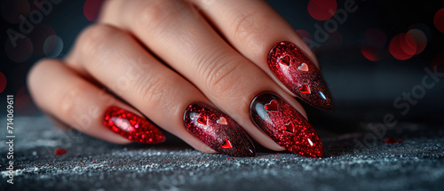 Woman's nails with beautiful red manicure with Valentine's Day design. AI generated