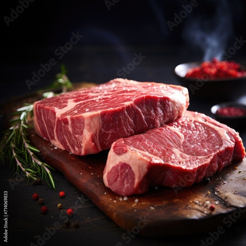 A steak on a cutting board with herbs and spices photo