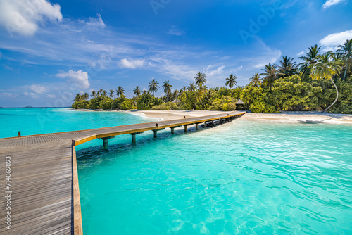 Maldives paradise panoramic coast. Tropical aerial seascape closeup wooden pier water villas, amazing sea happy sky. Exotic nature. Tranquil travel landscape peaceful bright summer vacation background © icemanphotos