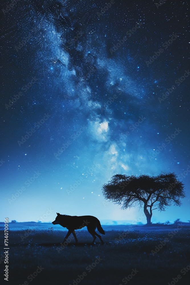 night on the African savanna a solitary animal strolls under a vast starry sky. AI generative night on the African savanna a solitary animal strolls under a vast starry sky. AI generative