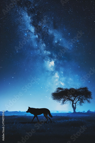 night on the African savanna a solitary animal strolls under a vast starry sky. AI generative