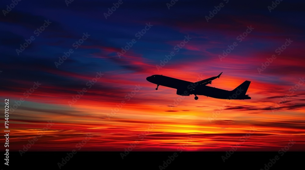 Sunset Flight- Silhouette of a Plane Against a Stunning and Colorful Sky Sunset Flight- Silhouette of a Plane Against a Stunning and Colorful Sky