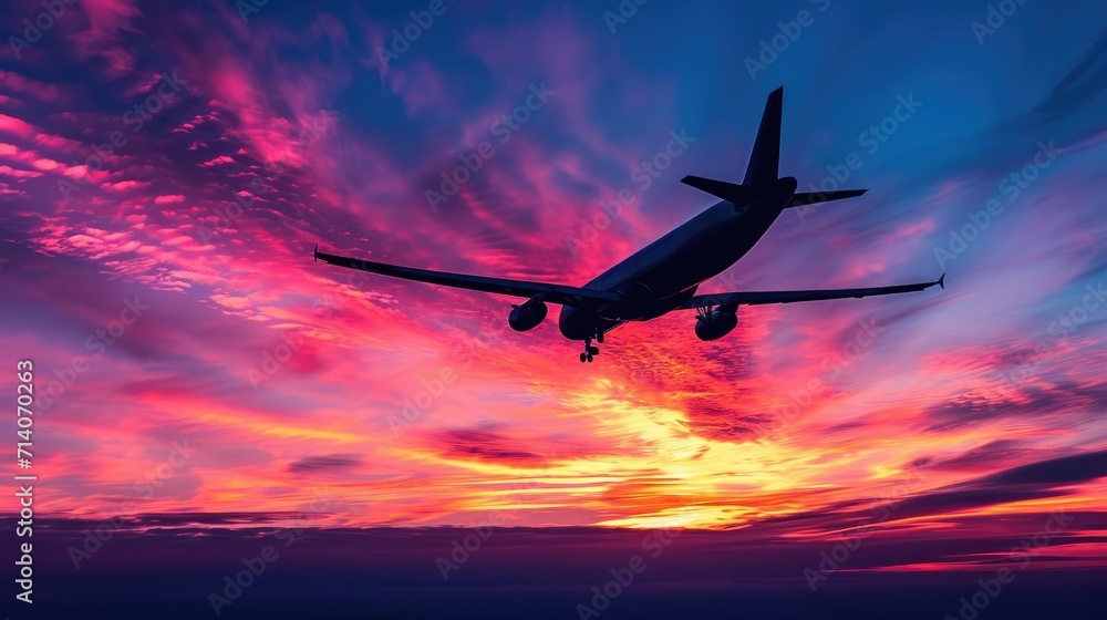 Sunset Flight- Silhouette of a Plane Against a Stunning and Colorful Sky Sunset Flight- Silhouette of a Plane Against a Stunning and Colorful Sky