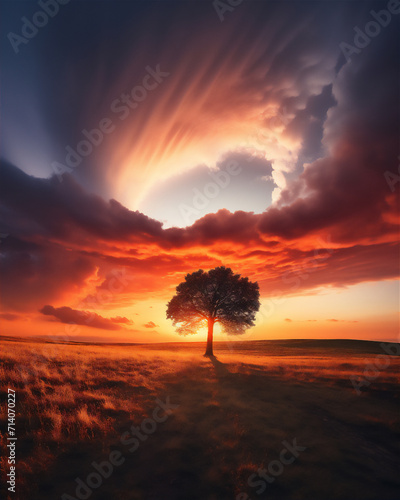 tree in the desert on sunset with dramatic clouds © Maizal