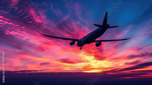 Sunset Flight- Silhouette of a Plane Against a Stunning and Colorful Sky