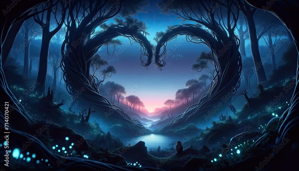 Forest with heart shaped trees. Magical Scenery for Fantasy Themed Designs