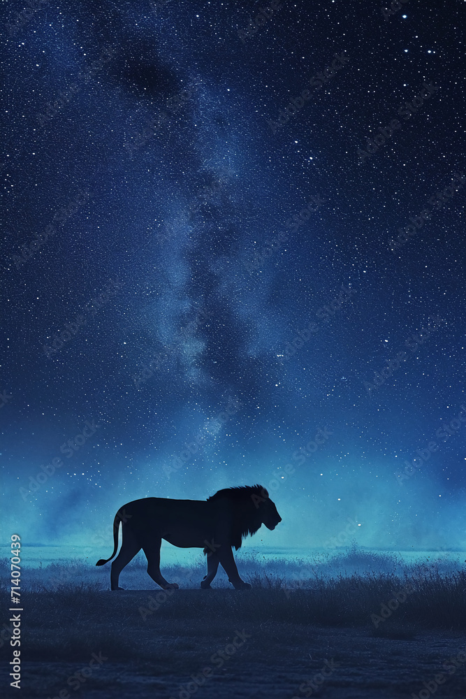 night on the African savanna a solitary animal strolls under a vast starry sky. AI generative - obrazy, fototapety, plakaty 