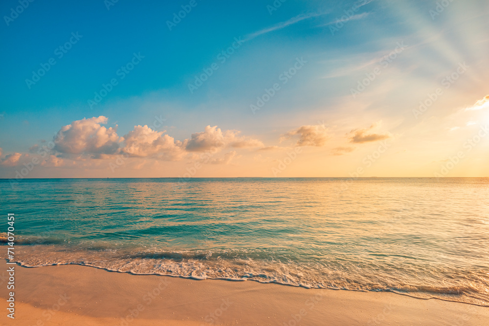 Closeup sea sand beach. Peaceful beach landscape. Inspire tropical seascape waves horizon. Colorful sunset sky calm serenity tranquil relaxing sunlight summer coast. Vacation travel beautiful tourism