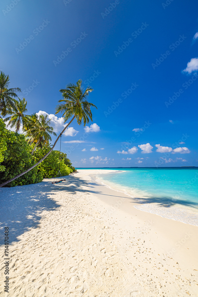 Fototapeta premium Best tranquility tropical landscape. White sand sunshine sea sky palm trees. Luxury travel vacation destination. Exotic beach landscape. Amazing nature, relax wellbeing, freedom summer shore seaside 