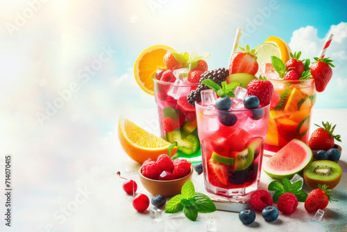 Bright healthy berries cocktails. Concept of summer vacations. Fresh fruit ice cold drinks. ai generative