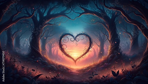 Forest with heart shaped trees. Magical Scenery for Fantasy Themed Designs photo