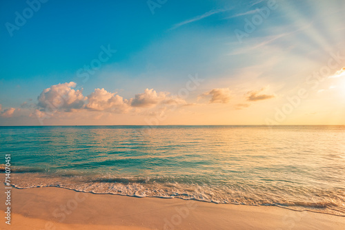 Closeup sea sand beach. Peaceful beach landscape. Inspire tropical seascape waves horizon. Colorful sunset sky calm serenity tranquil relaxing sunlight summer coast. Vacation travel beautiful tourism