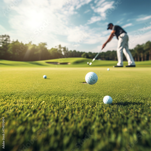 On the perfectly manicured golf course, a golfer hits a white golf ball with a precise shot, the ball flies through the air towards the far field, a method of controlling the depth of field.