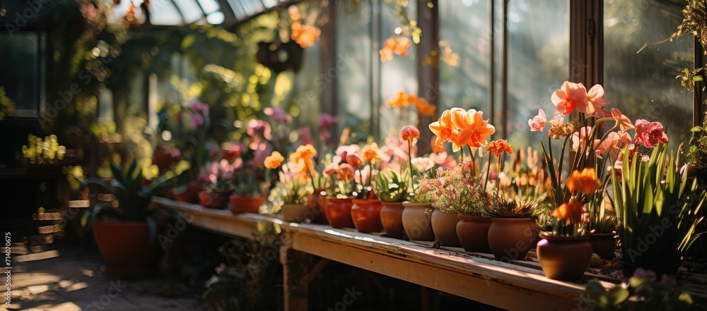 A vibrant array of potted houseplants sit nestled in a sunlit greenhouse, each one carefully placed in its own flowerpot or vase, creating a stunning indoor garden full of natural beauty and floral d A vibrant array of potted houseplants sit nestled in a sunlit greenhouse, each one carefully placed in its own flowerpot or vase, creating a stunning indoor garden full of natural beauty and floral d