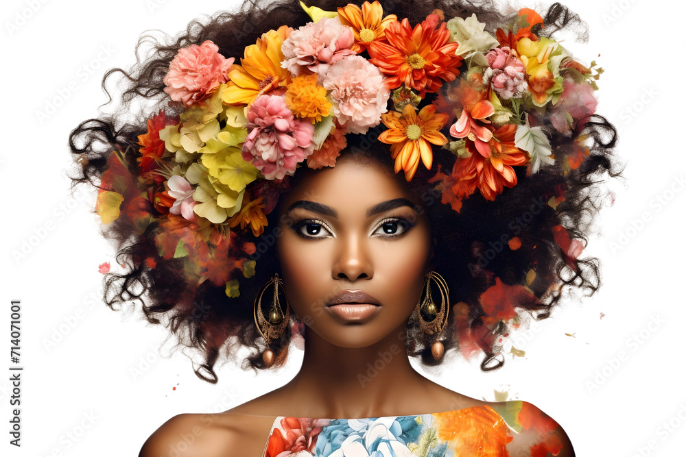 african woman portrait with flowers in her hair isolated on transparent background