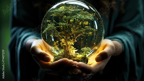 Hand holding a crystal ball with neon tree. Fantasy concept. Generative AI