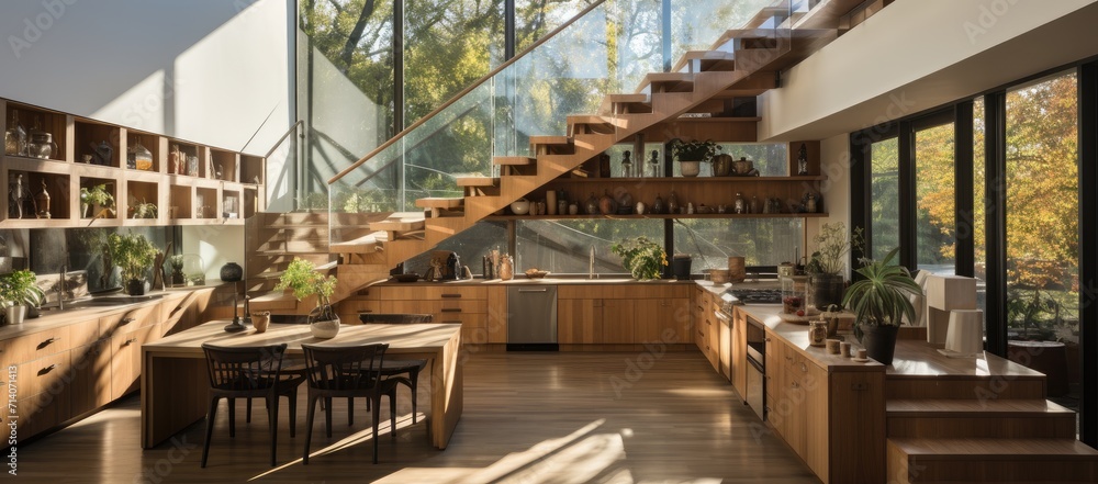 A stunning interior design featuring a wooden staircase leading up to a large coffee table surrounded by stylish furniture and potted plants, all illuminated by natural daylight through a large windo A stunning interior design featuring a wooden staircase leading up to a large coffee table surrounded by stylish furniture and potted plants, all illuminated by natural daylight through a large windo