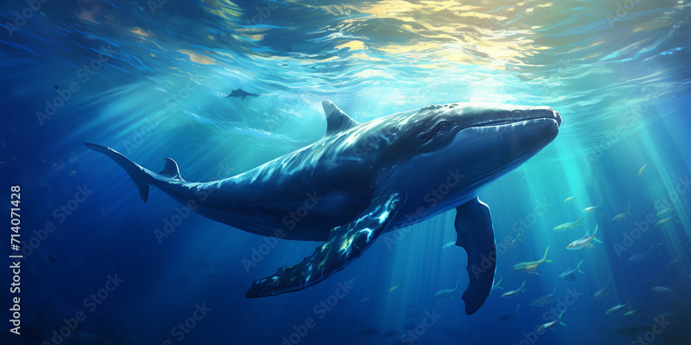  Whale Plays in Blue Water, Dramatic underwater view of humpback whales and bubbles, Majestic Whale Underwater, Fantasy blue whale in the deep sea