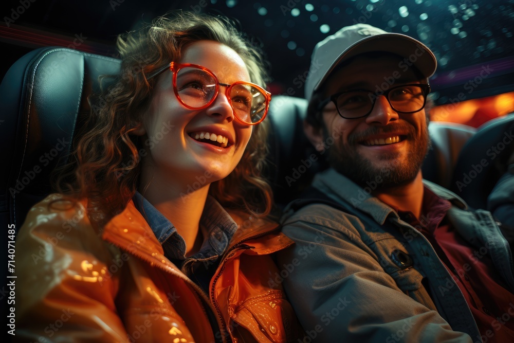 A man and woman in a car, their faces illuminated by the passing streetlights as they share a smile through his glasses and her flowing hair, their clothing speaking volumes about their journey toget A man and woman in a car, their faces illuminated by the passing streetlights as they share a smile through his glasses and her flowing hair, their clothing speaking volumes about their journey toget