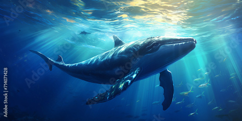  Whale Plays in Blue Water, Dramatic underwater view of humpback whales and bubbles, Majestic Whale Underwater, Fantasy blue whale in the deep sea © Shahida