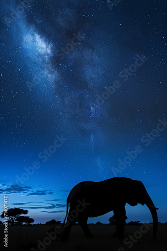 night on the African savanna a solitary animal strolls under a vast starry sky. AI generative