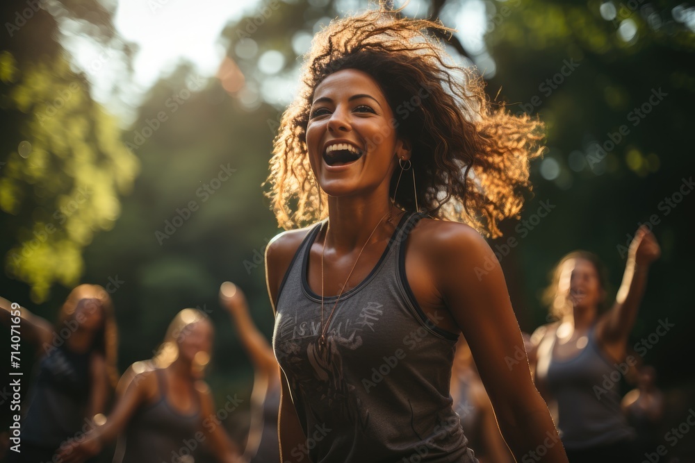 A joyous woman delights a crowd with her infectious laughter, surrounded by the beauty of nature and the lively sounds of a concert