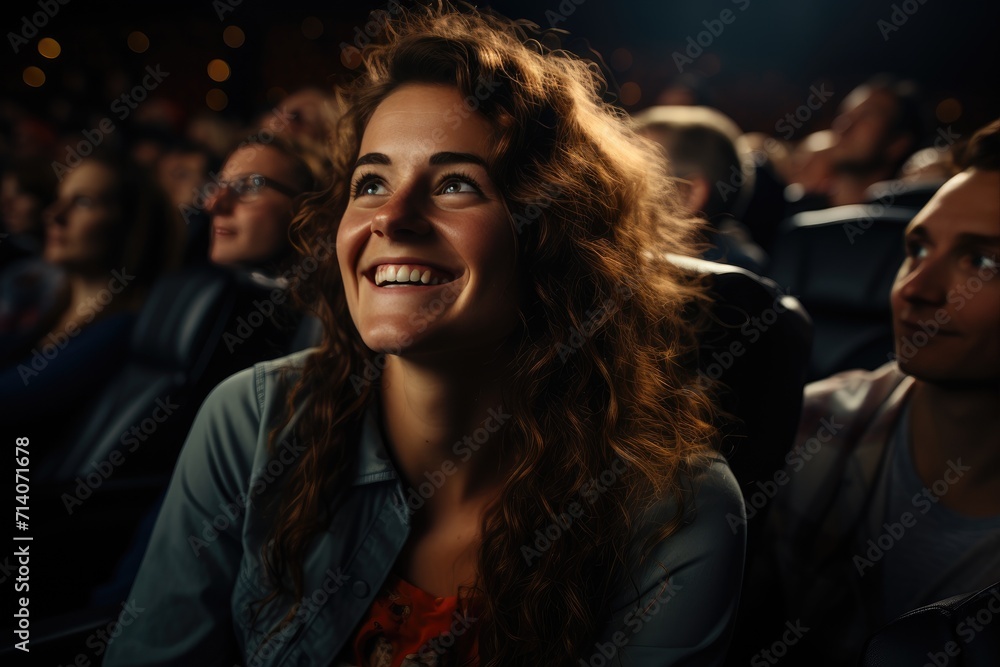 A woman's bright smile illuminates the dark movie theater, standing out in a sea of people as she watches the film with a man by her side