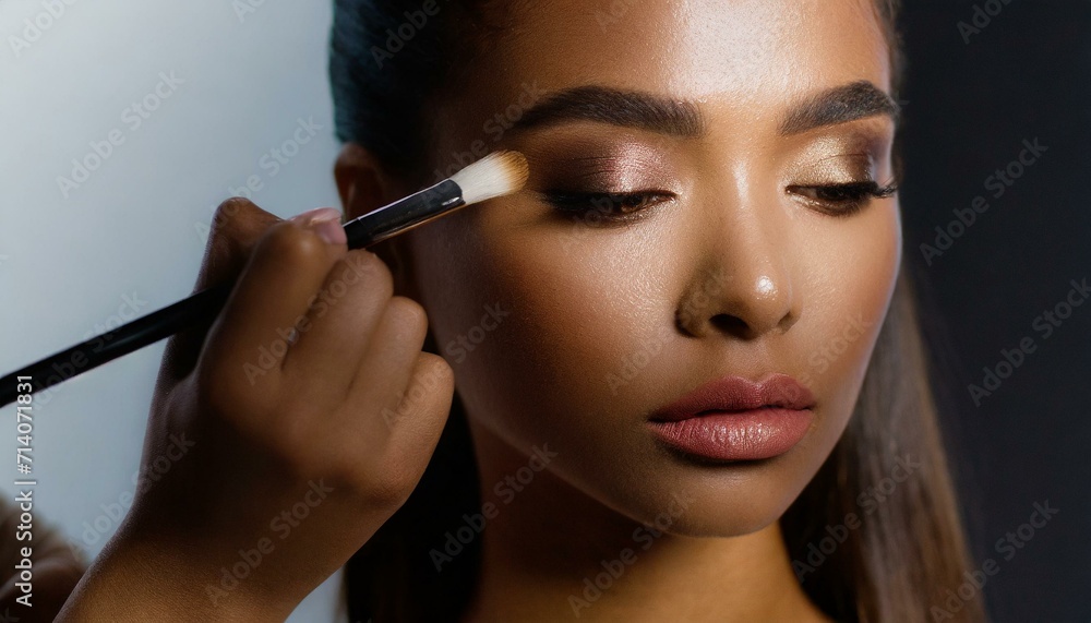 The process of professional makeup in action with beautiful woman