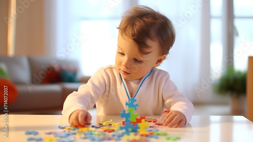 Child play colorful puzzle. world autism awareness day or month concept. photo