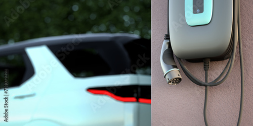 Electric vehicle charging station (wallbox) with European Type 2  IEC 62196 Plug hanging on a garage wall. Out of focus car in the background. photo