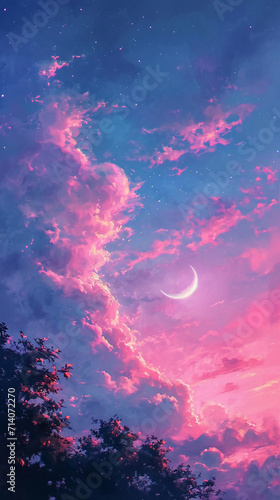 A romantic and cozy landscape oil painting a backdrop of pink evening clouds by the gentle arc of a white crescent moon. AI generative