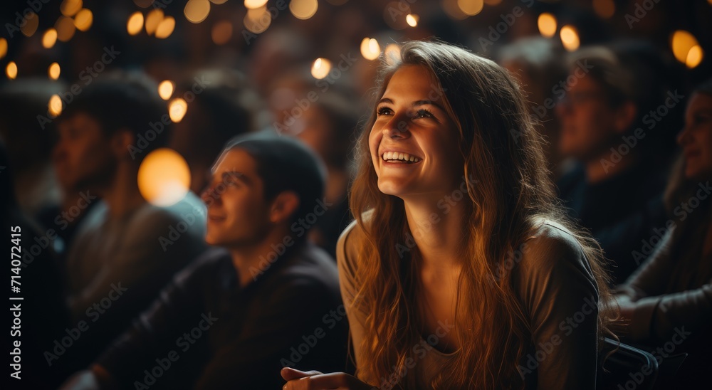 A woman's radiant smile lights up the dark room as she gazes up at her companion, dressed in elegant clothing and surrounded by the warm glow of a flickering candle A woman's radiant smile lights up the dark room as she gazes up at her companion, dressed in elegant clothing and surrounded by the warm glow of a flickering candle