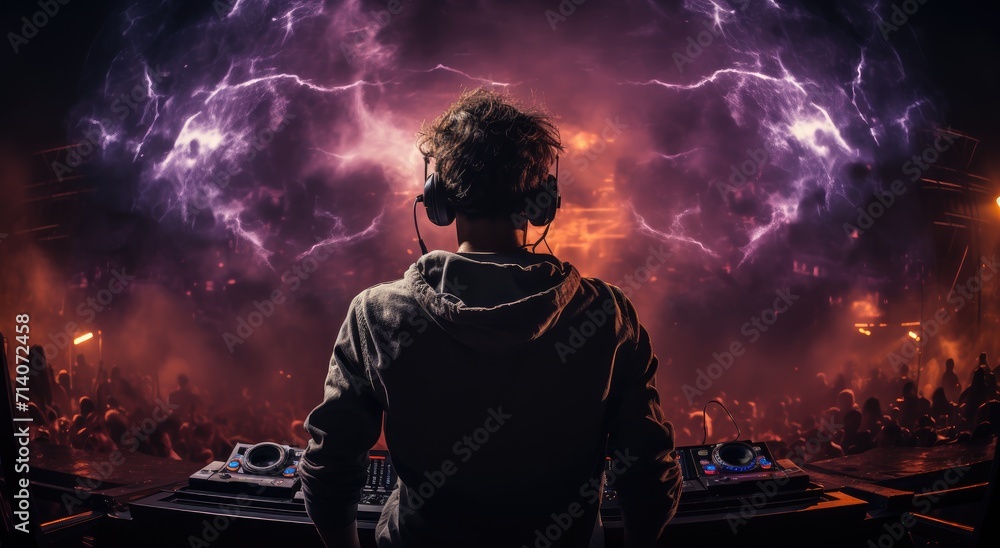 A music lover embraces the electrifying outdoor ambiance as they immerse themselves in their headphones and device A music lover embraces the electrifying outdoor ambiance as they immerse themselves in their headphones and device